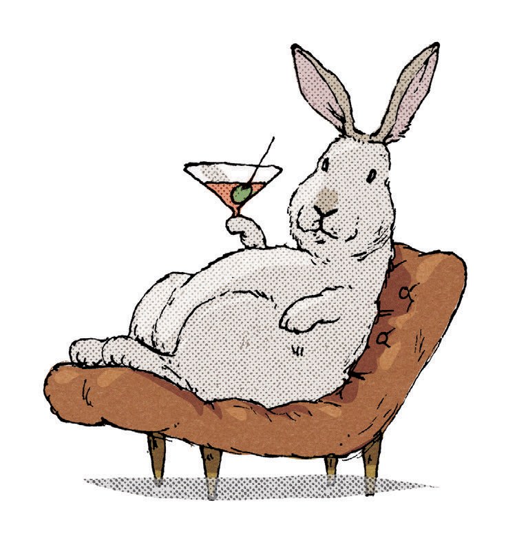 illustration of a very chill rabbit drinking a martini and reclining in a lounge chair
