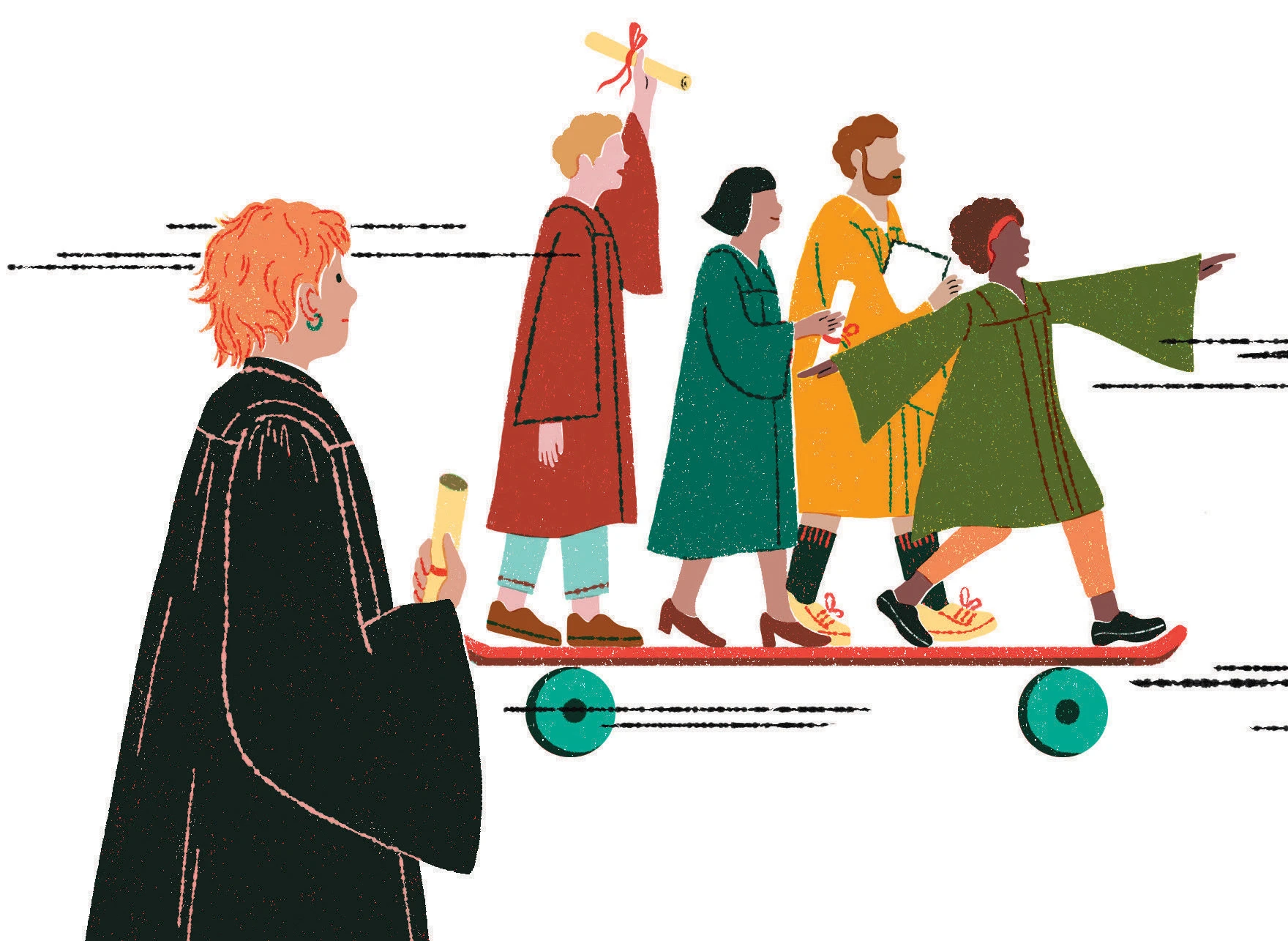 Graduates in colorful robes ride a long skateboard together, holding diplomas as one points forward.