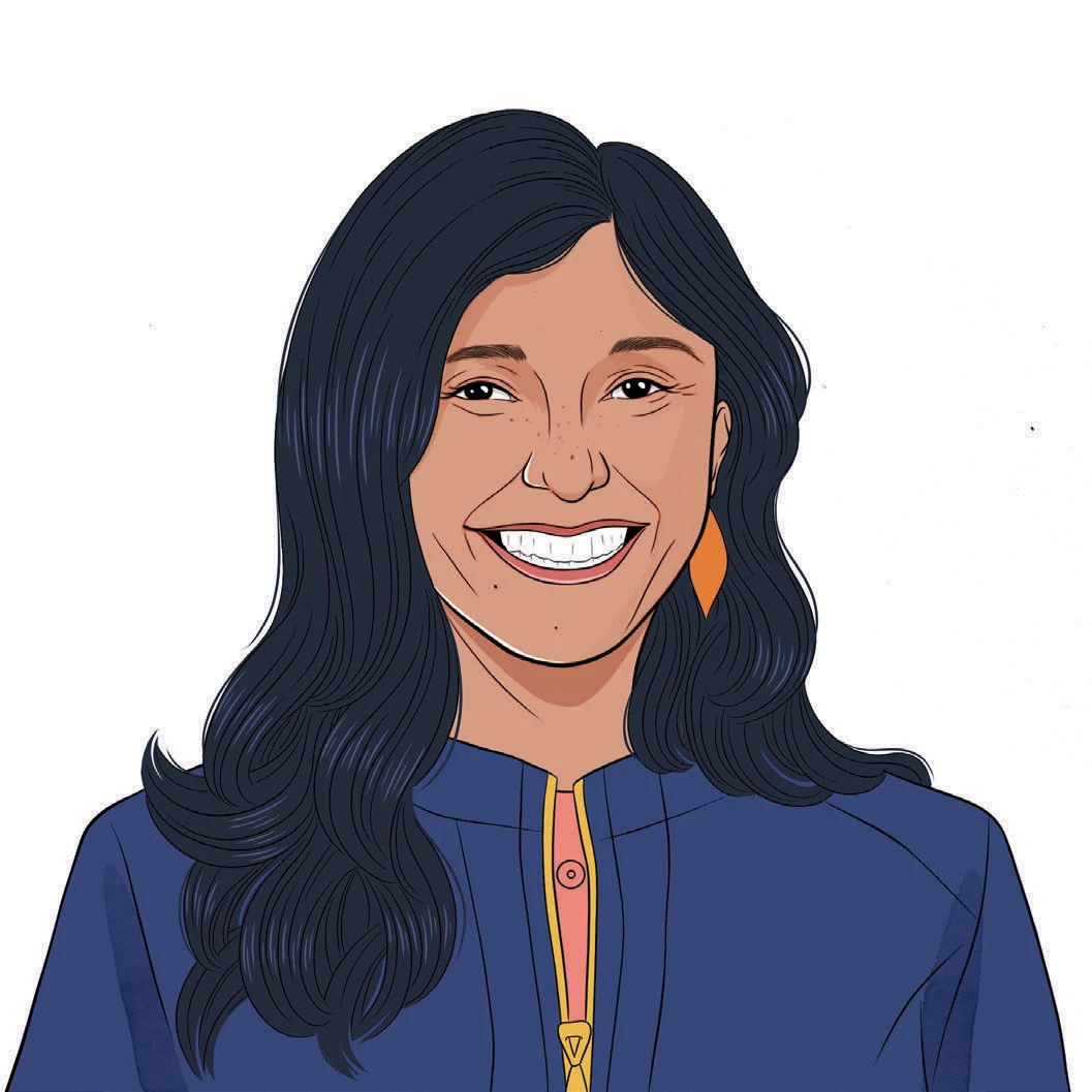 Illustrated portrait of woman with long dark hair, blue top, smiling.