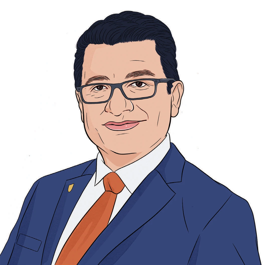 Illustration of a man with short dark hair wearing black glasses and a blue suit with red tie
