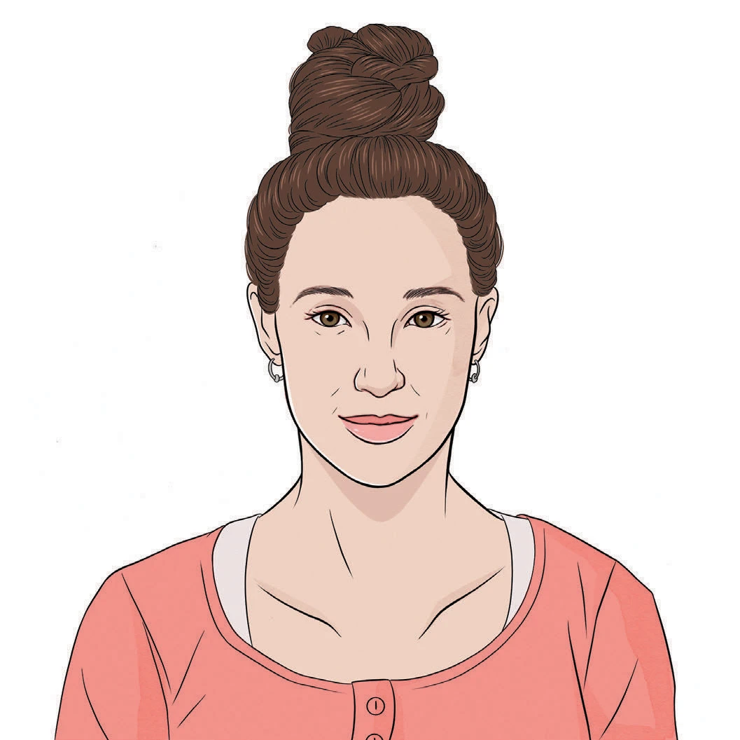 Illustration of woman wearing a pink shirt with brown hair tied into a bun