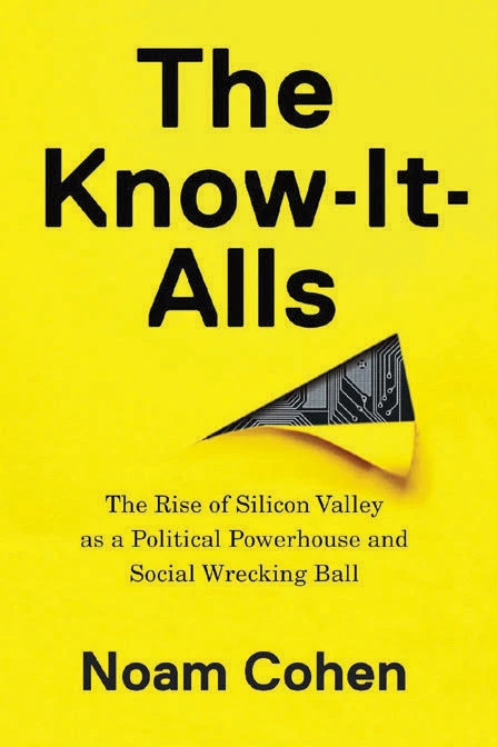 Book cover for "The Know-It-Alls" by Noam Cohen featuring a yellow background with a piece pulled back to reveal a circuit board