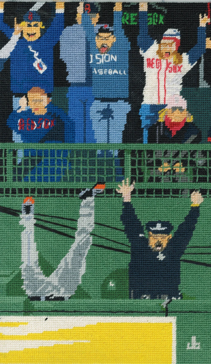 Needlepoint of Red Sox fans cheering as a player flips near the field and security reacts.