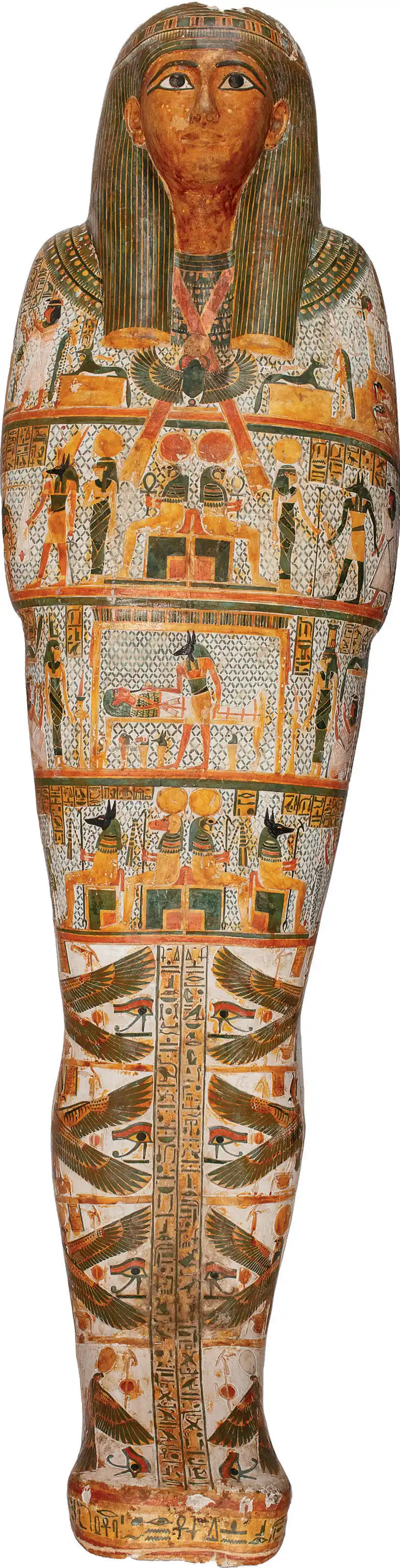 Ancient Egyptian painted sarcophagus with detailed hieroglyphs and a woman's face.