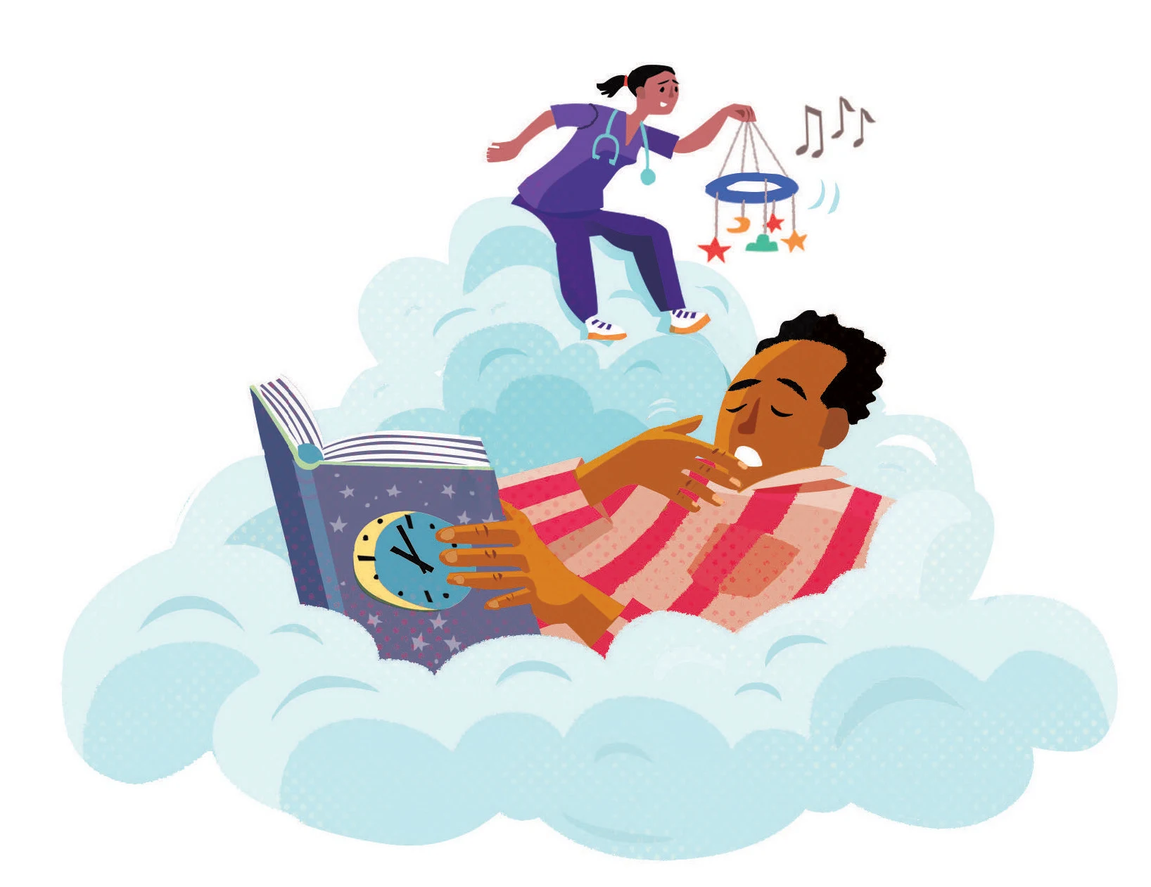 A person yawns while reading a book in a cloud while a doctor sits above him holding a sleep mobile with music notes coming off of it