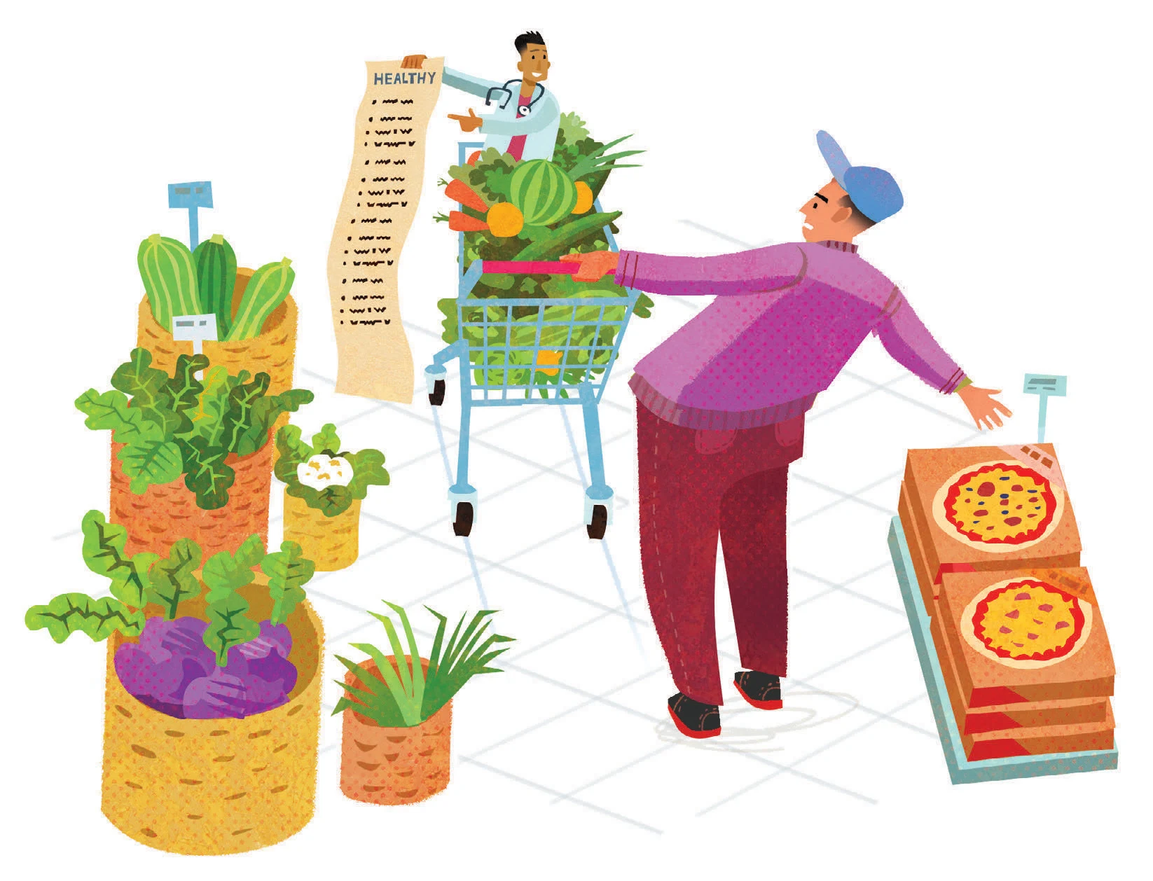 A man reaches for a pizza box while holding a cart full of fruits and vegetables with a doctor popping out of it holding a list titled "healthy" and pointing to it and the containers of vegetables to the left