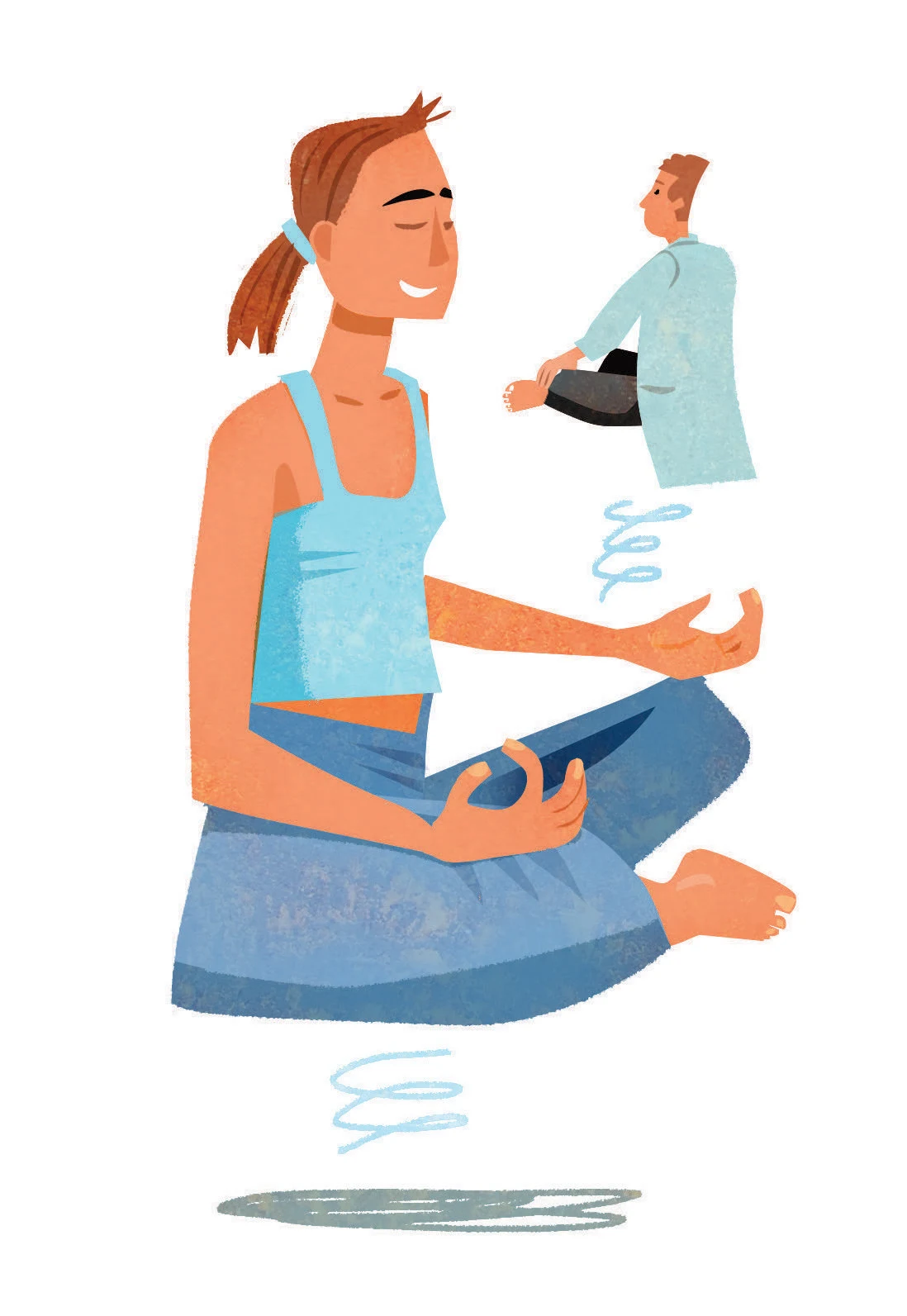 a woman sits cross legged with her hands open with eyes closed, meditating. A doctor floats in front of her in the same pose