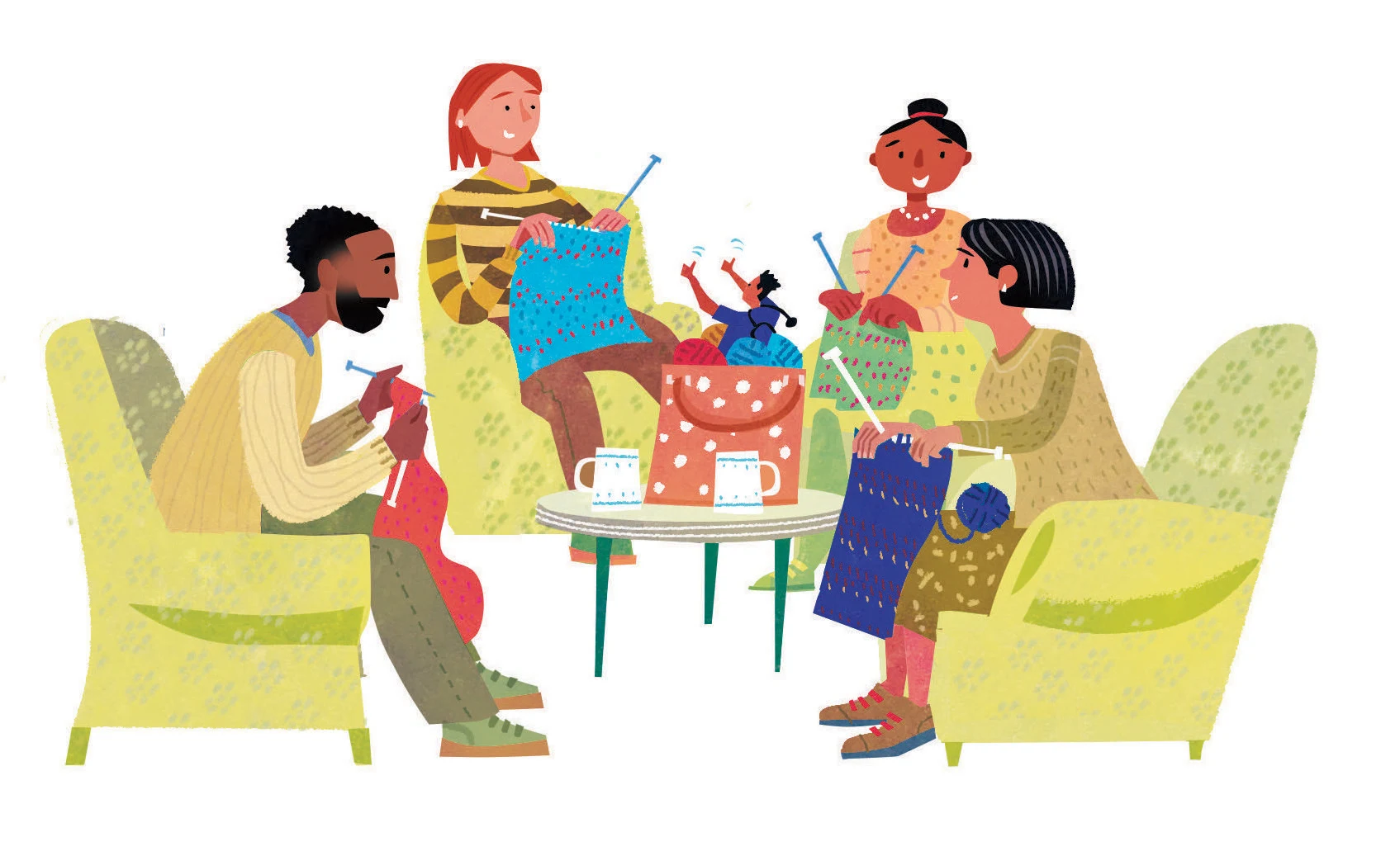 A group of four people sitting on green arm chairs knitting, with a table in the middle with two mugs and a bag of yarn that has the doctor inside of it holding two thumbs up