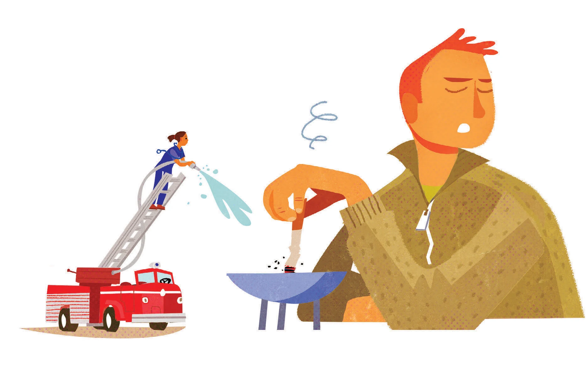 A man looking away while he stubs out a cigarette in an ash tray. A doctor stands on the ladder of a miniature firetruck and sprays water on the cigarette