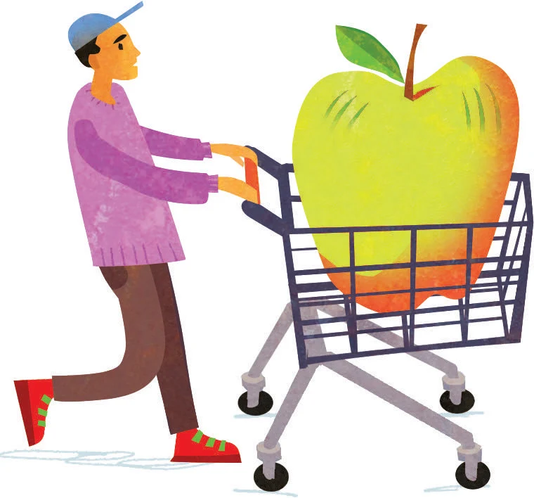 Illustration of a man pushing a groccery cart with an over sized apple in the cart