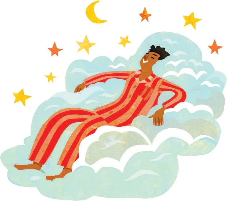 Illustration of a man wearing striped pajamas sleeping in a puffy cloud with yellows stars and a moon floating round the cloud
