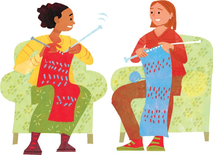 Illustration of two women sitting in green arm chairs while they are both knitting a scarf