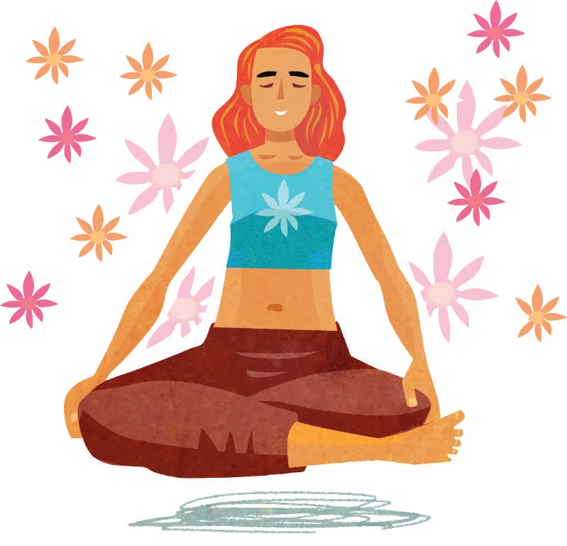 Illustration of a woman in exercise clothing sitting on the floor with her legs crossed practicing meditation or yoga