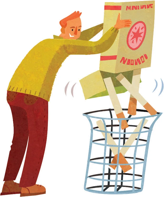 Illustration of a man emptying an oversized pack of cigarettes into a wire trash can