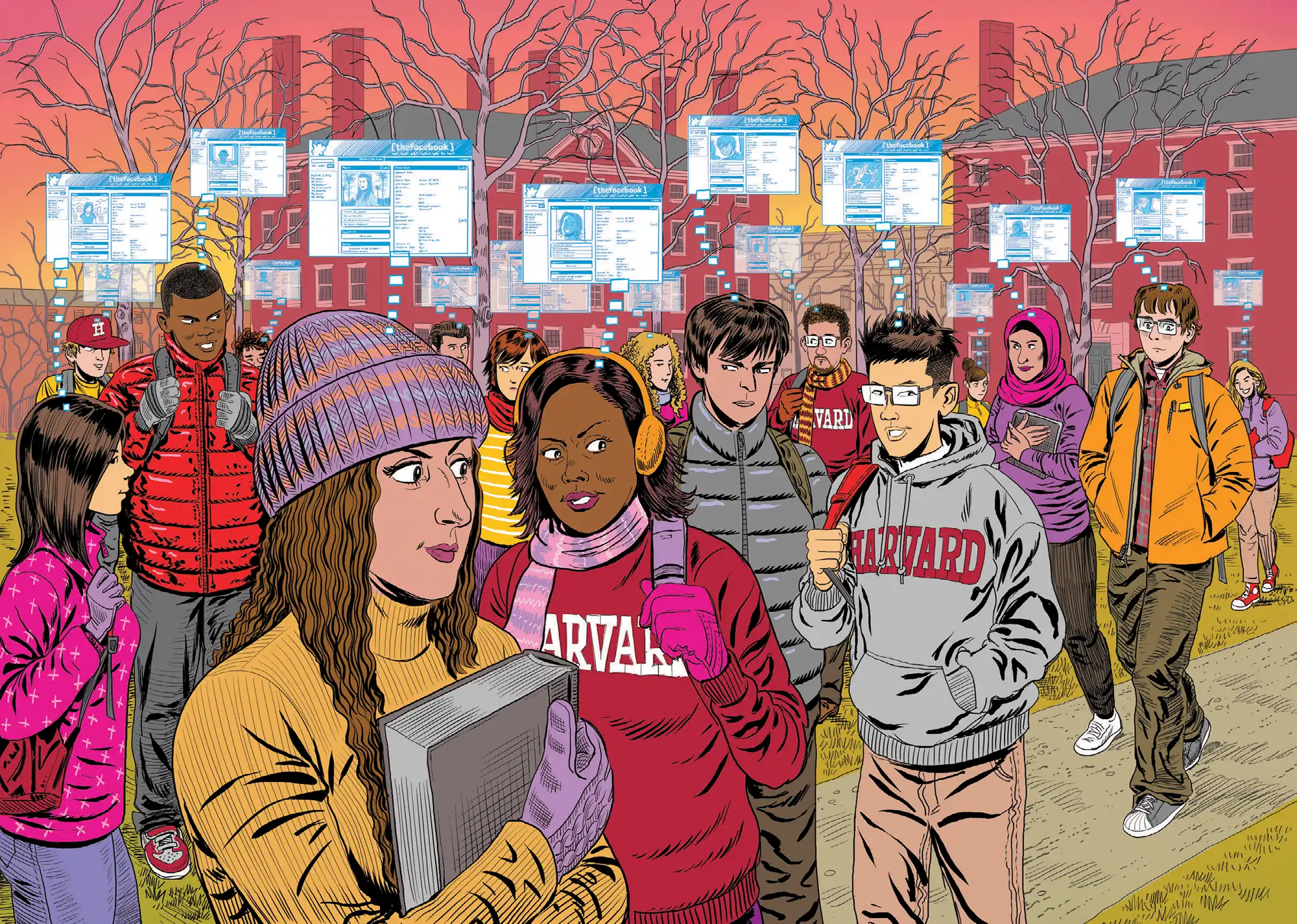 Illustration of Harvard students outside in the fall with thought bubbles in the shape of Facebook windows