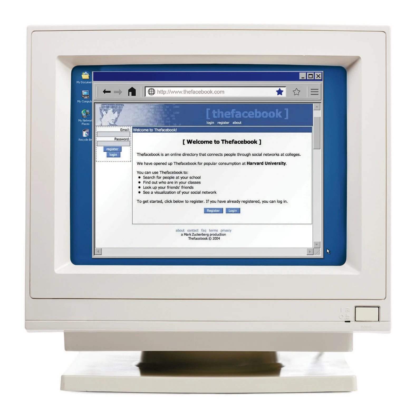 Old school computer monitor displaying early Facebook window that says "Welcome to Thefacebook"