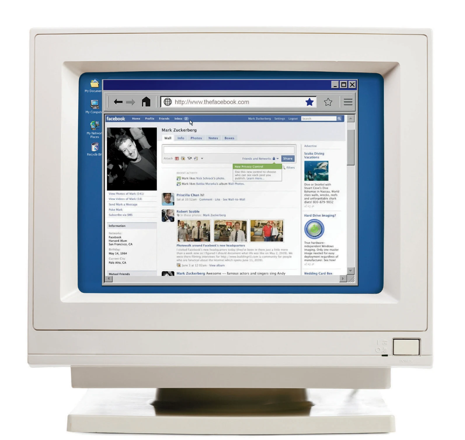 Old-school monitor with early Facebook window with profile of Mark Zuckerberg