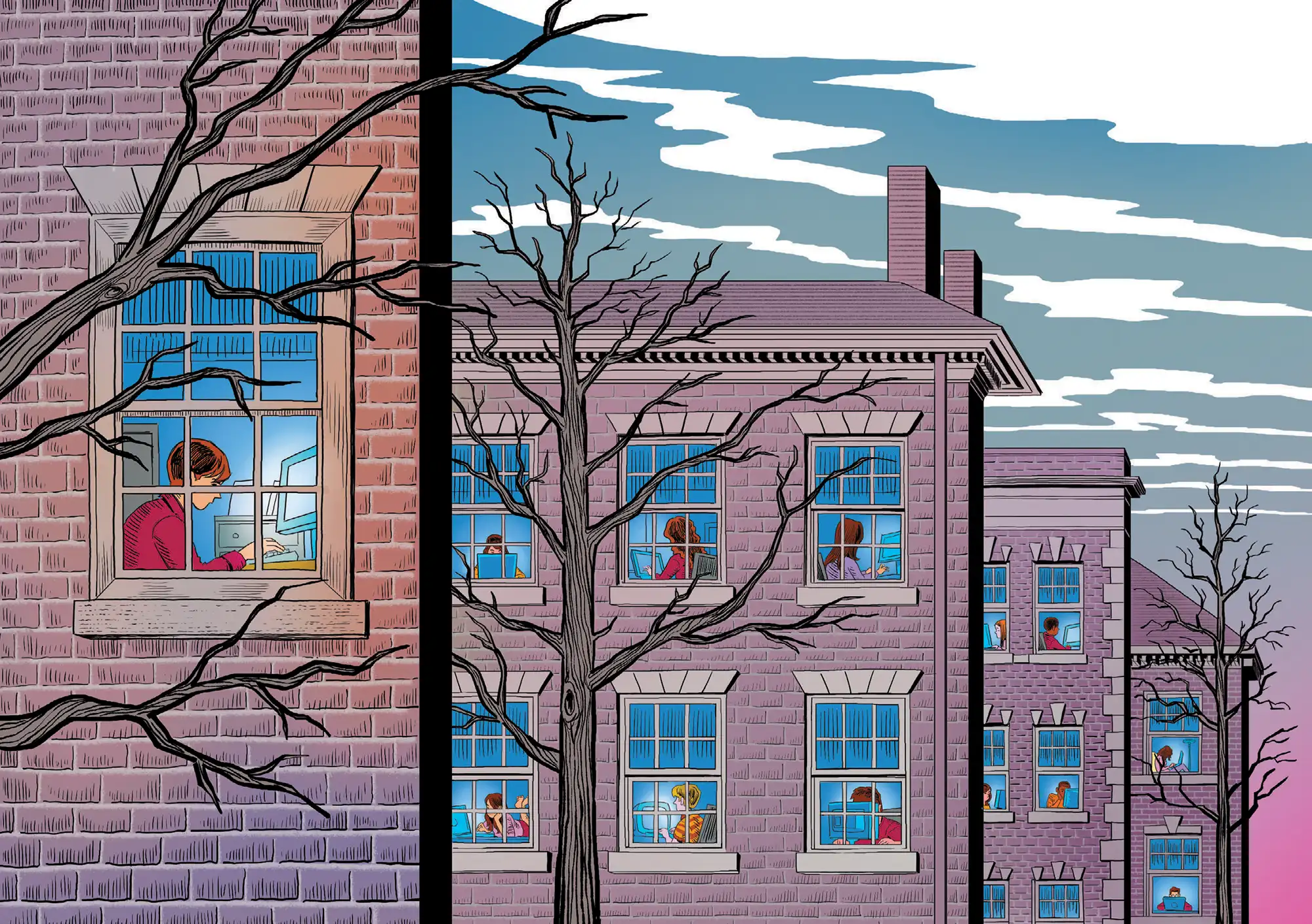 Illustration of brick dorm buildings layered on top of each other with blue windows where you can see students through every window on their laptops