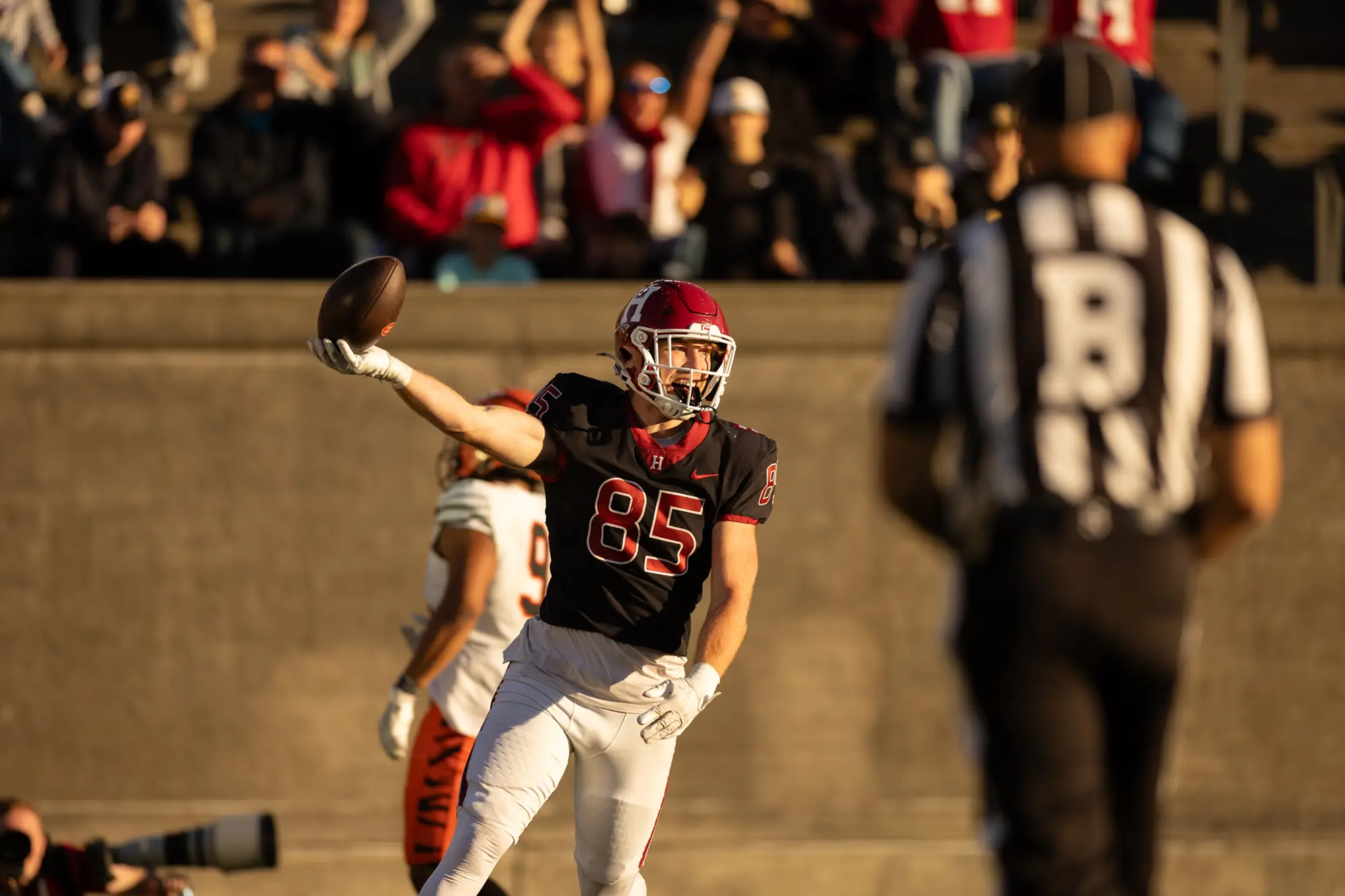 Harvard player #85, wearing a black uniform, celebrates with ball held high