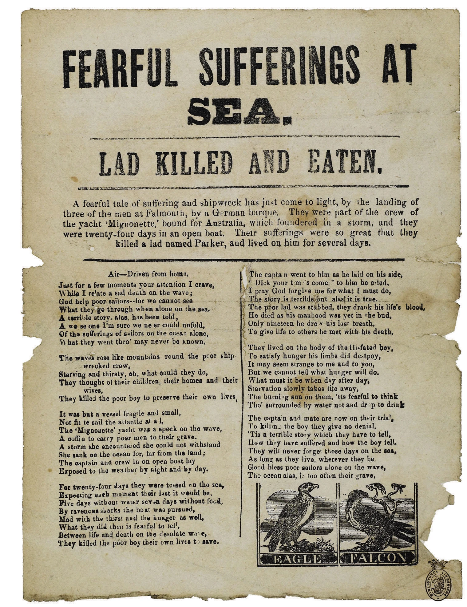 Aged newspaper broadside titled “Fearful Sufferings at Sea” describing a shipwreck and cannibalism.