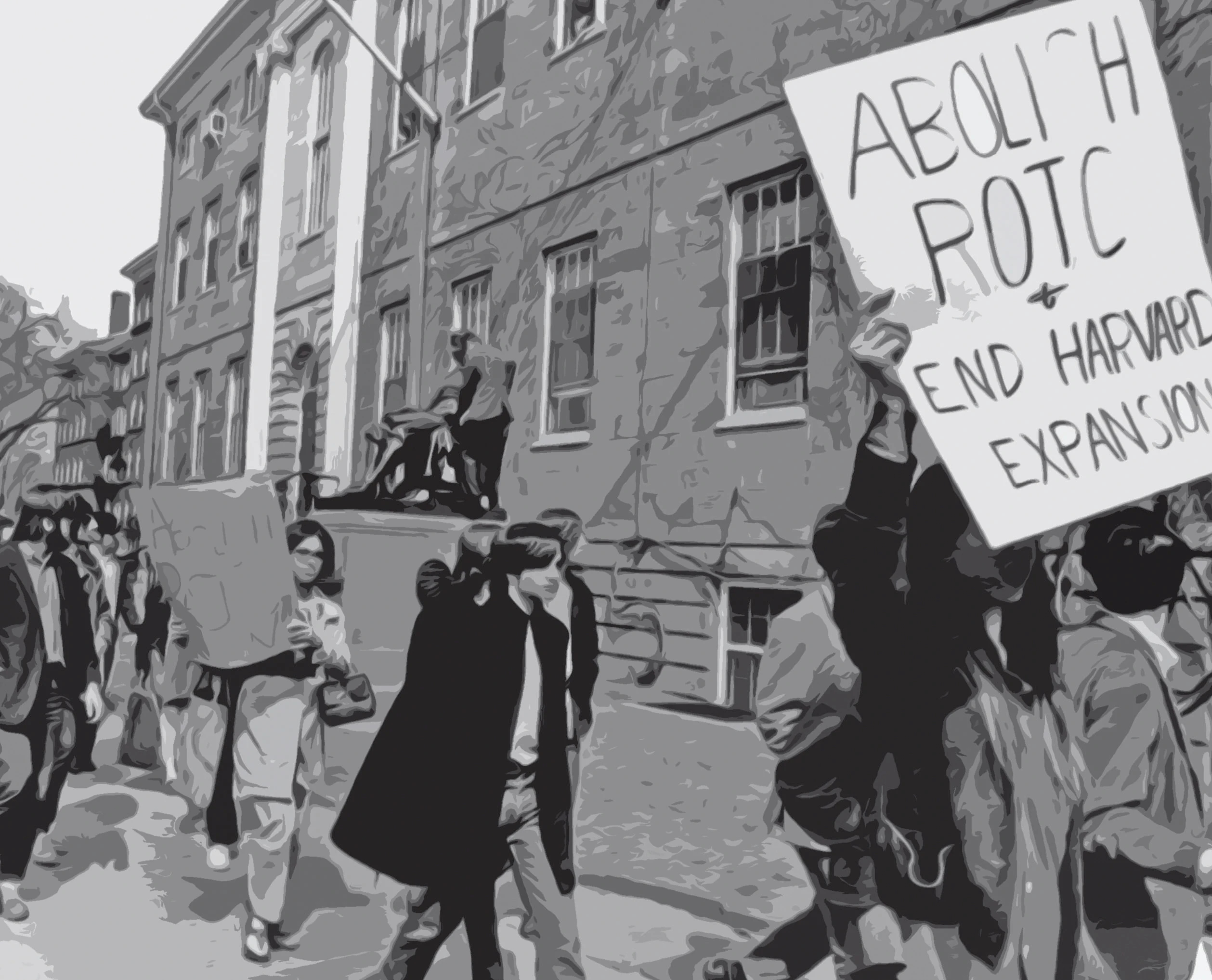 Stylized protest scene with a sign reading “Abolish ROTC & End Harvard Expansion.”