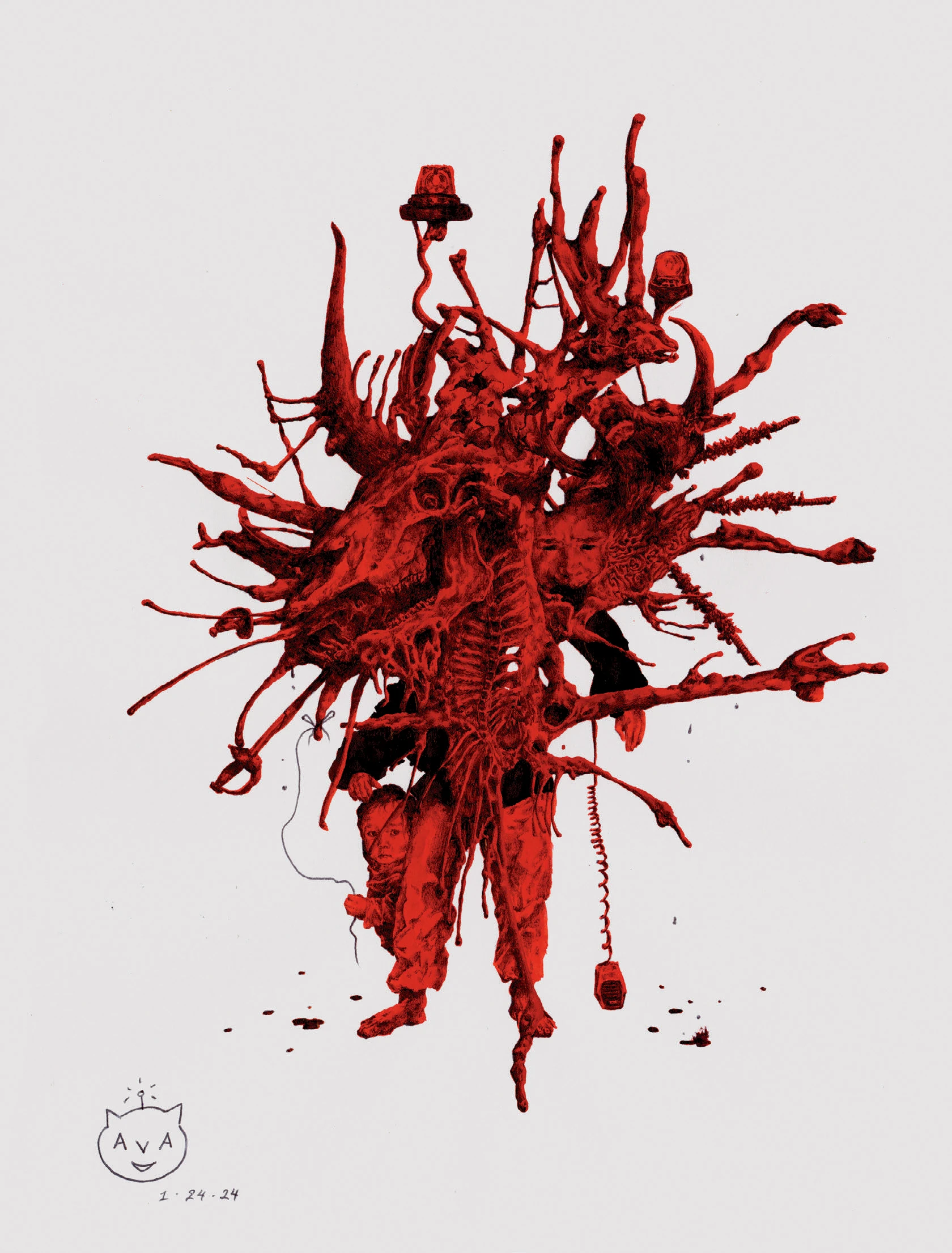 Abstract red creature with tangled limbs and faces, incorporating a small person holding a string.