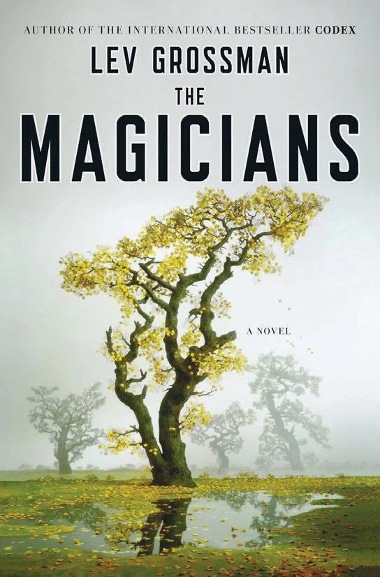 Book cover for Lev Grossman's "the Magicians" with an image of a stark landscape with a few treeds and grass with a puddle of water