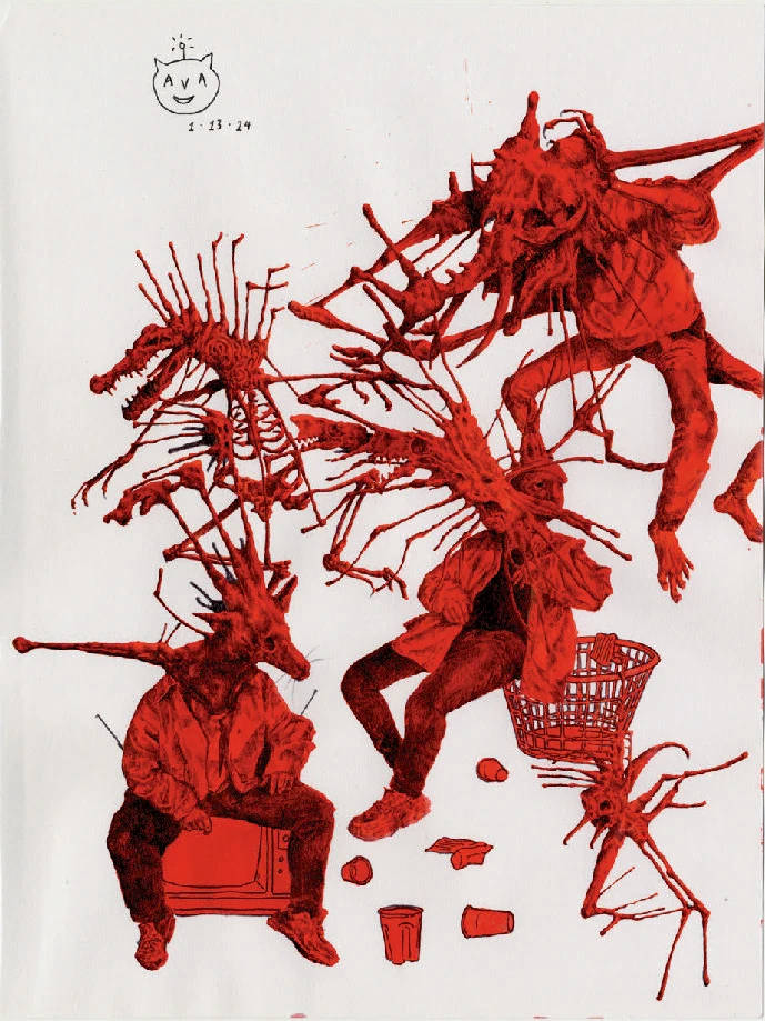 Surreal scene of humanoid figures with red skeletal and insect-like appendages in a cluttered room.