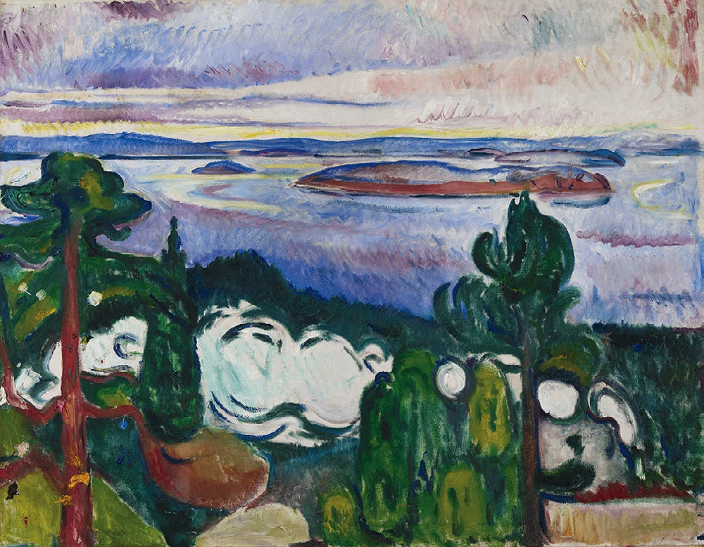 Landscape painting with green trees in foreground and blue water, islands and sky in the background. 