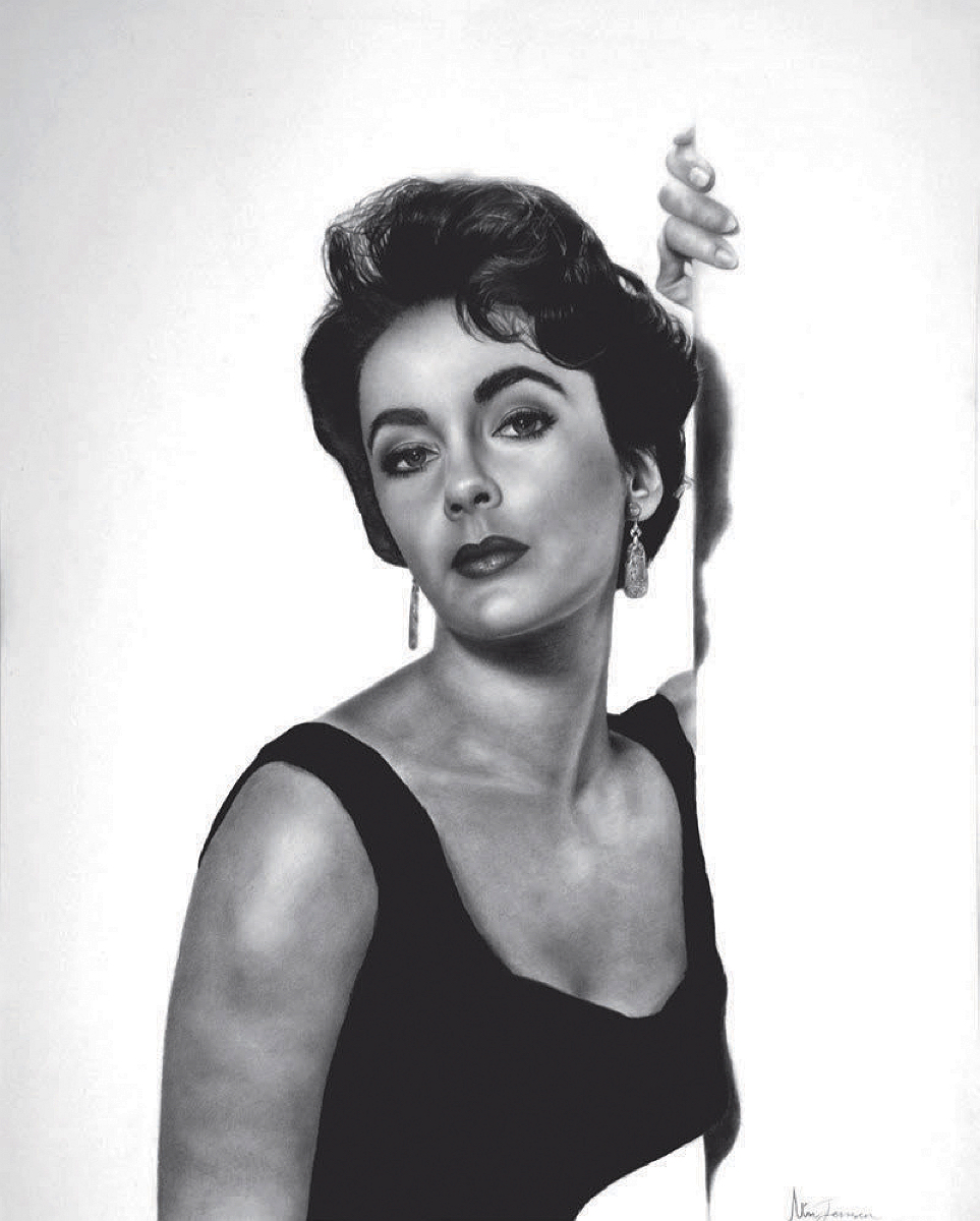 black and white drawn portrait of Elizabeth Taylor