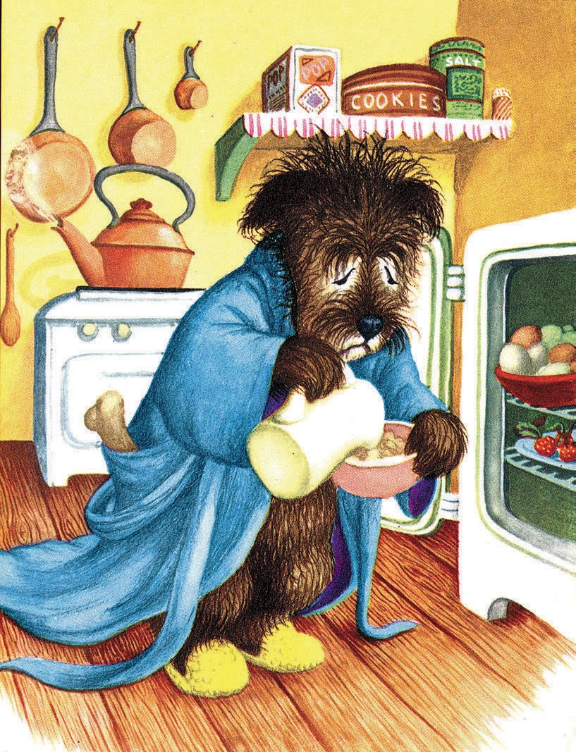 Illustration of a dog in a robe pouring milk into a bowl in a cozy kitchen.