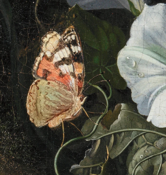 Detail from a painting showing a butterfly with orange, cream, and black wings perched on a vine beside a white flower.