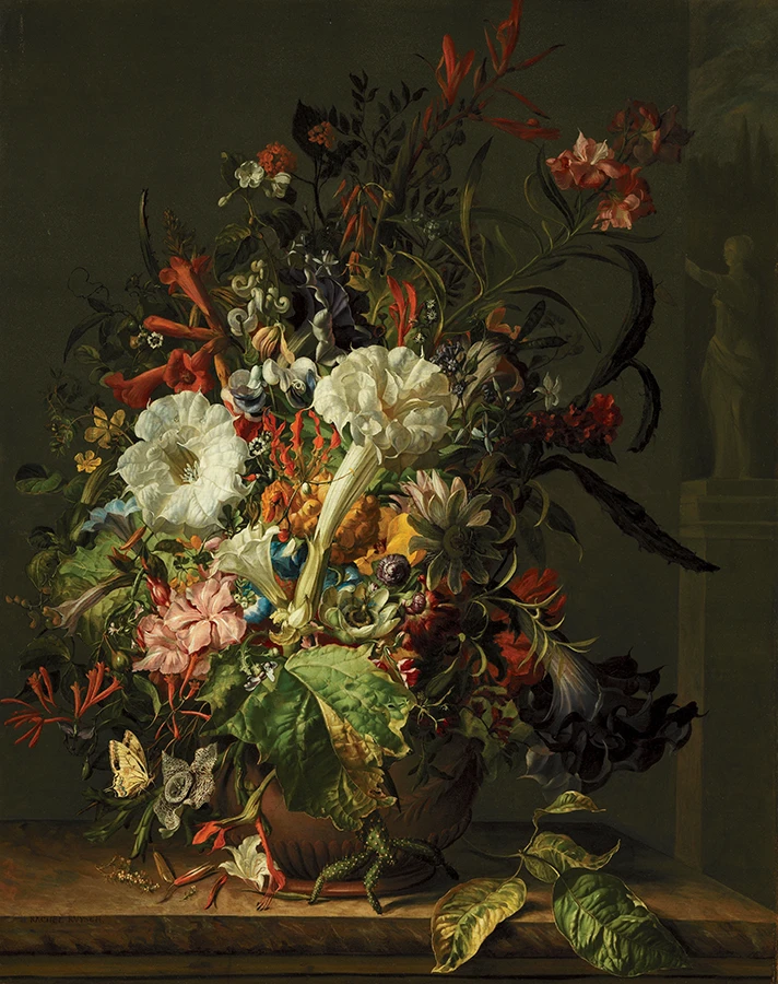 Painting of a large, detailed bouquet of assorted flowers with insects and lizard on a stone table.