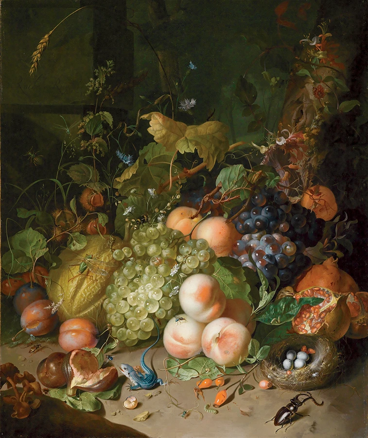 Painting of a still life of fruits, leaves, insects, and a lizard with a bird’s nest on a shaded forest floor.
