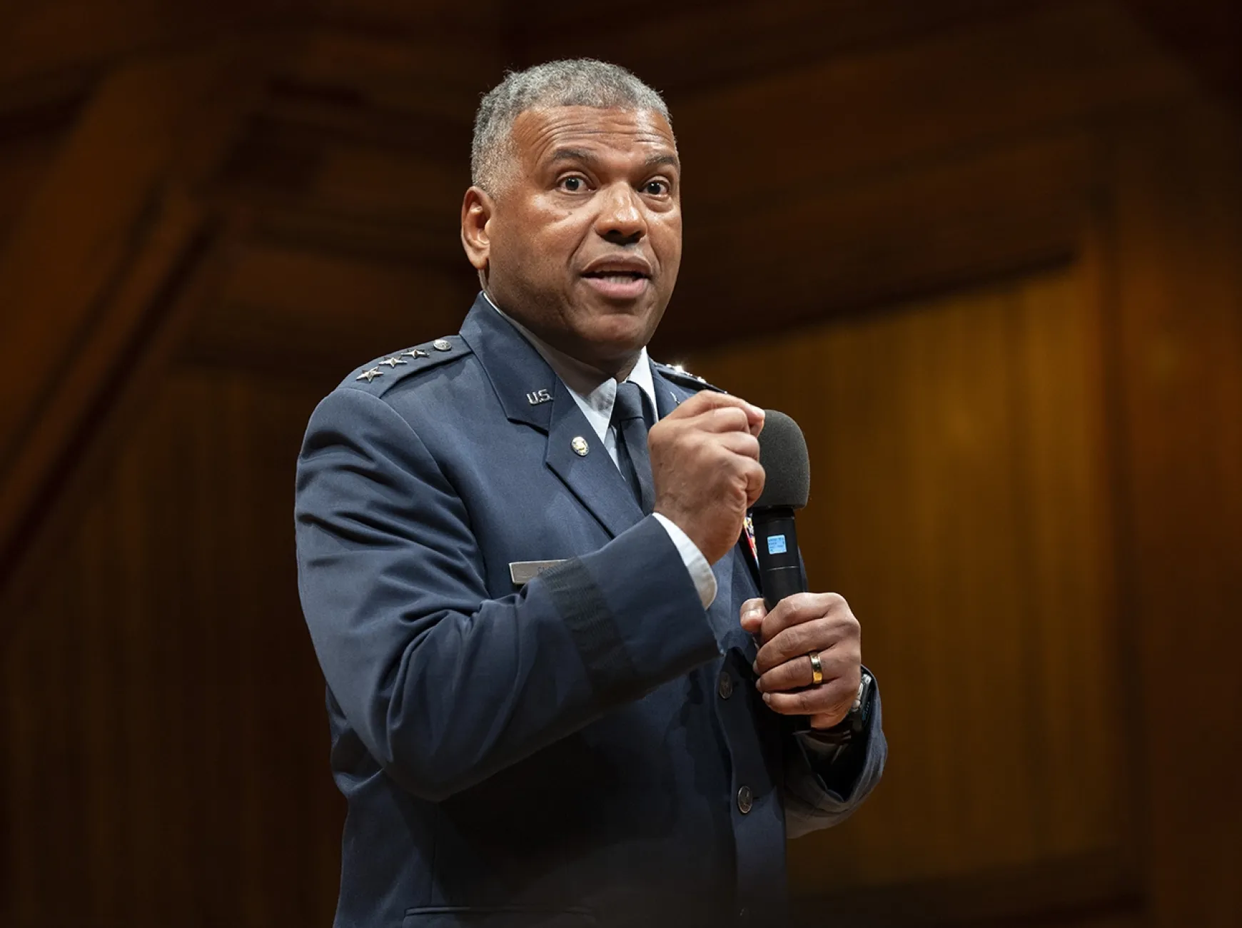 Retired U.S. Air Force Lieutenant General Richard Clark speaks on stage