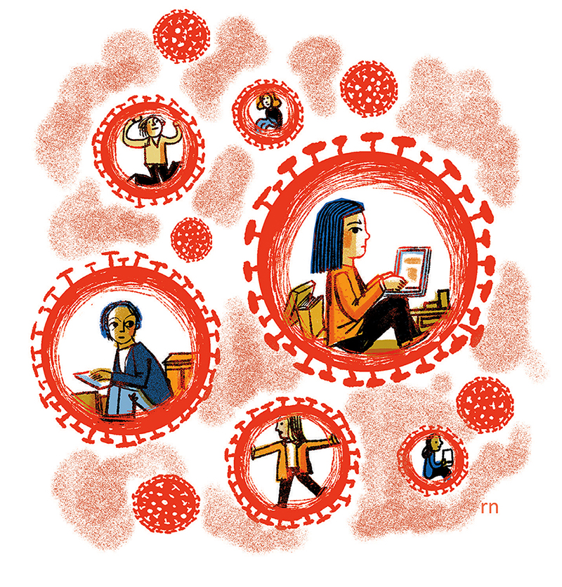 Illustration of students inside red virus-like shapes, representing isolation during the COVID-19 pandemic.