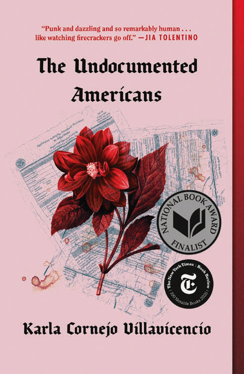 Book cover for "The Undocumented Americans", a pale pink background with a red flower with leaves over paperwork