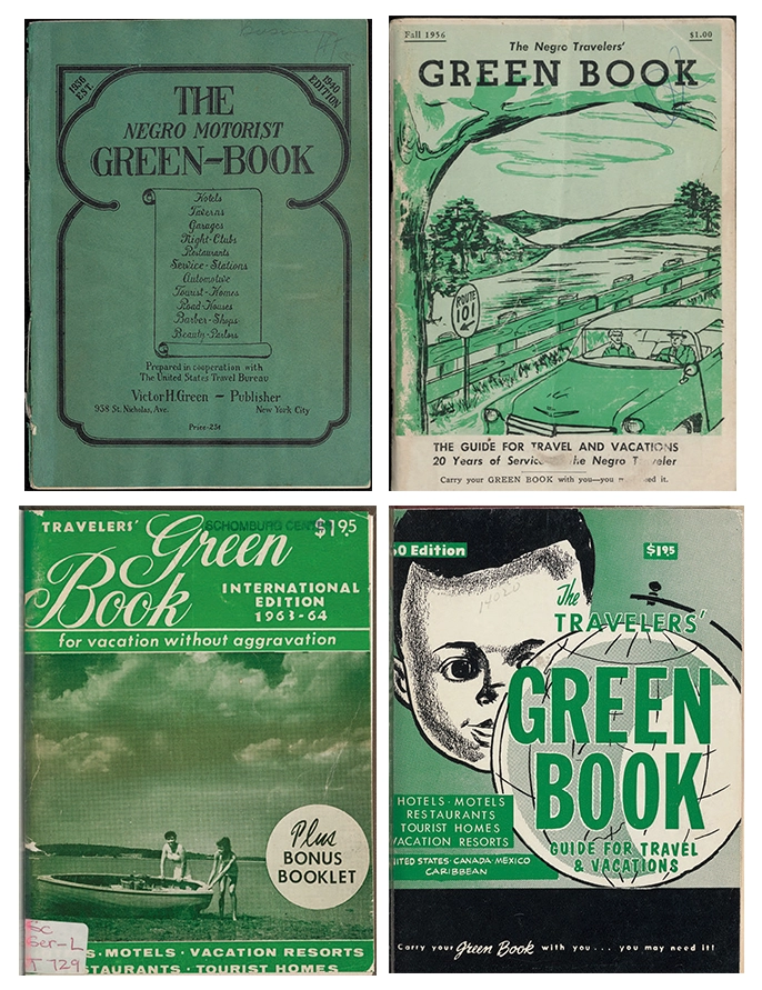 Four Green Book travel guide covers from 1940, 1956, 1960, and 1963 editions.