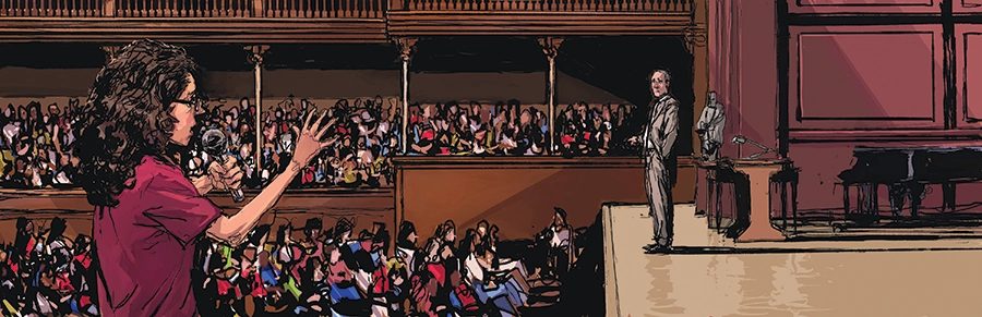Illustrated lecture hall scene with a woman addressing a crowd and a speaker standing on stage.