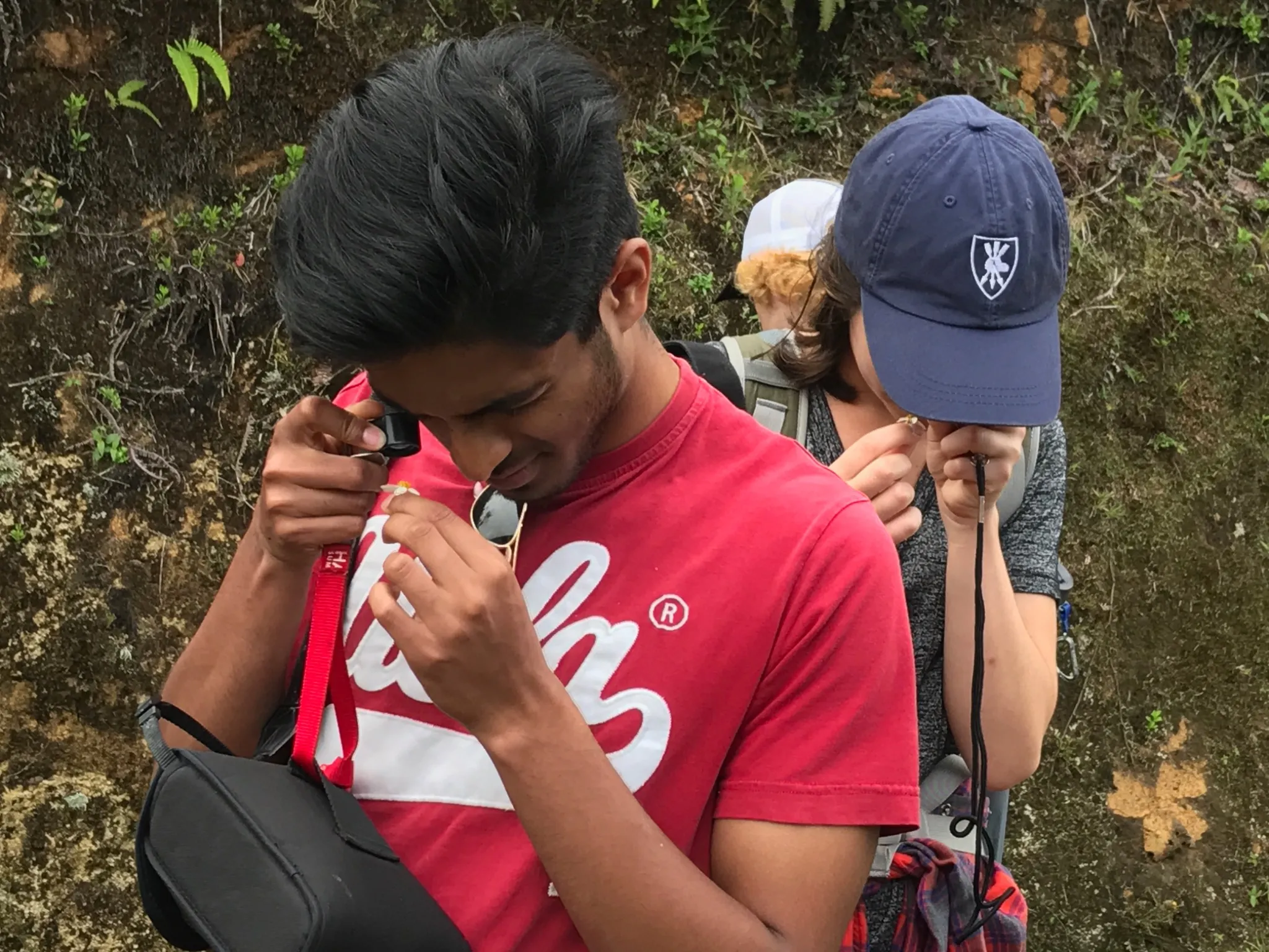 Students of professor Farrell in the field examining bugs