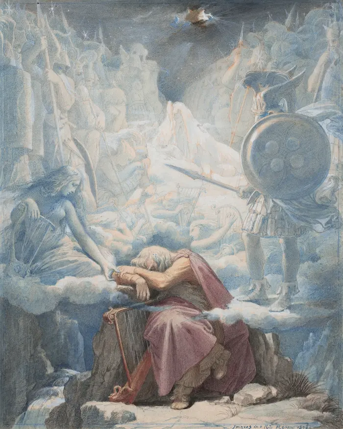 A painting depicting a man in a red cloak lying down on a rock surrounded by figures in blue