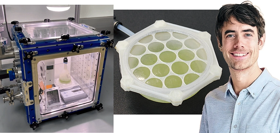 Composite image showing a lab device, algae bioreactor, and Robin Wordsworth in a light blue shirt.