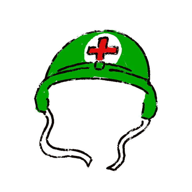 Illustration of green military helmet with red cross in the center