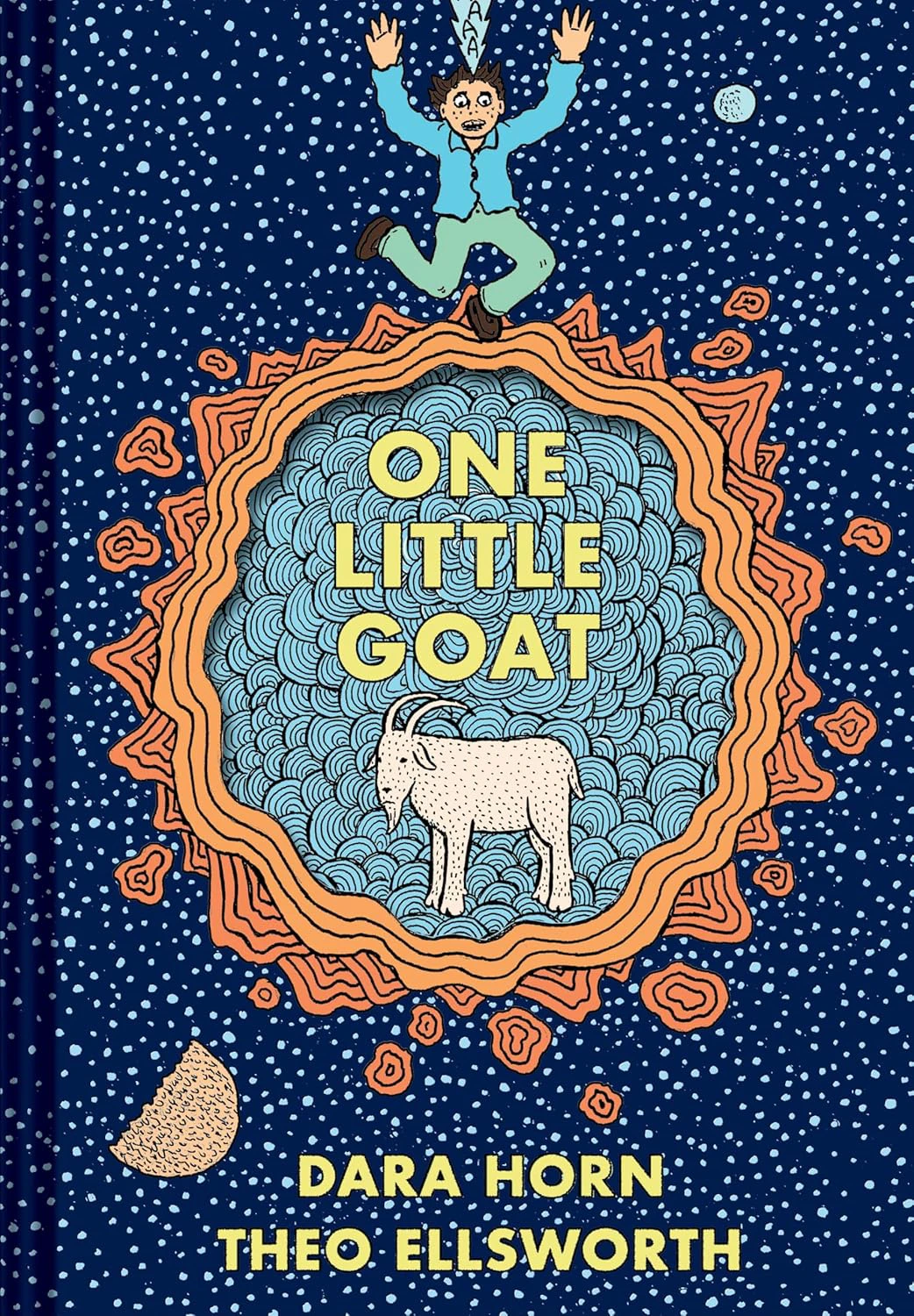 Book cover for "One Little Goat: A Passover Catastrophe" by Dara Horn and Theo Ellsworth, with and illustration of a child jumping on top of a circle with swirled designs and a goat over a speckled navy blue background