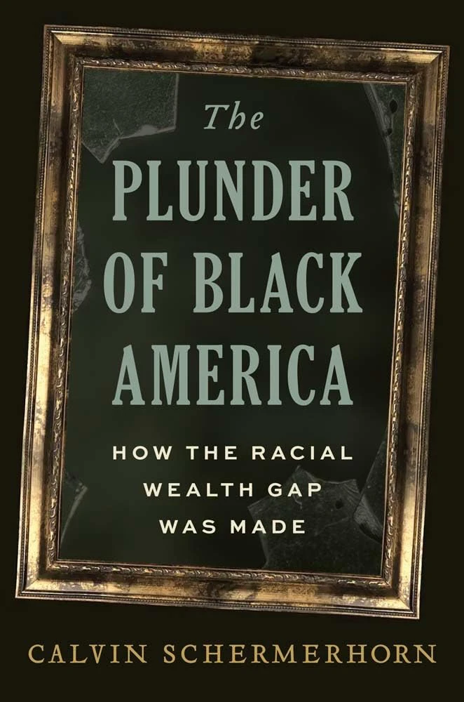 Book cover for "The Plunder of Black America: How the Racial Wealth Gap Was Made" by Calvin Schermerhorn, with a broken gold picture frame on a black background