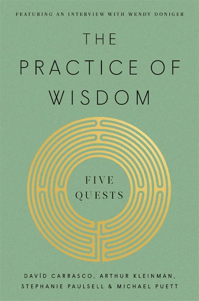 Book cover for "The Practice of Wisdom: Five Quests" by David Carrasco, Arthur Kleinman, Stephanie Paulsell, and Michael Puett with a gold circle on a green background