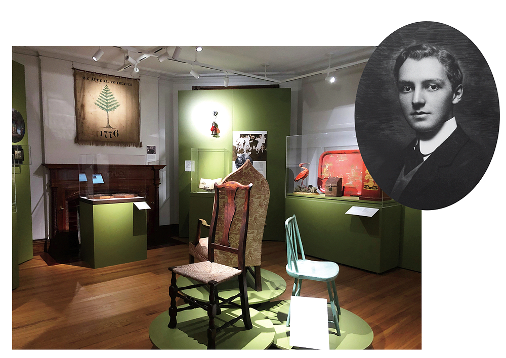A display of objects from Beauport, the Gloucester, Massachusetts, home of Henry Davis Sleeper (pictured in the oval frame). The exhibit features antique chairs, a 1776 "Appeal to Heaven" flag, and various decorative items in a museum setting.