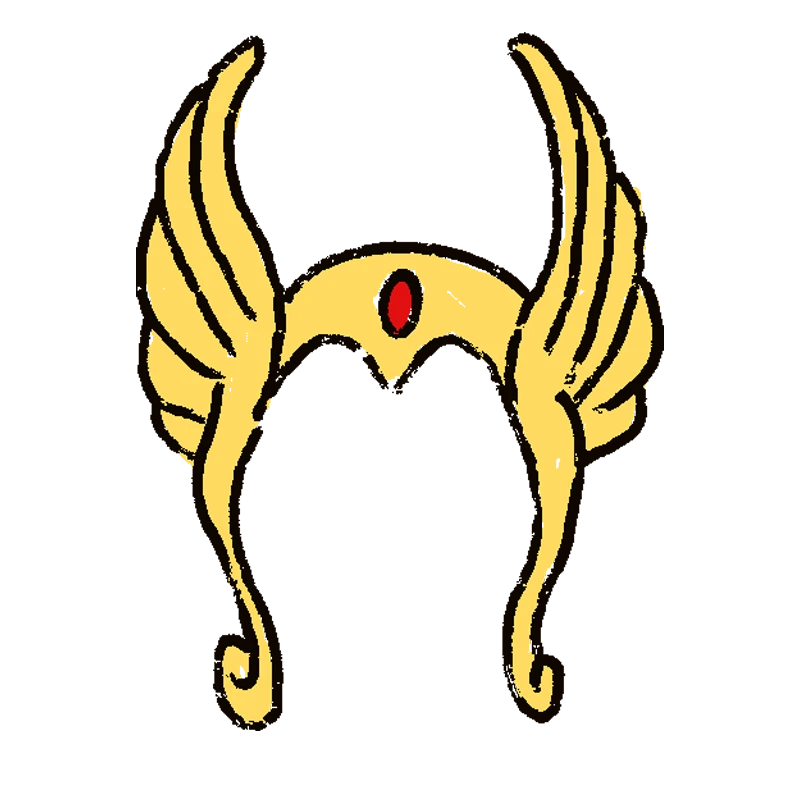 Illustration of a yellow winged helmet with a red gem in the middle