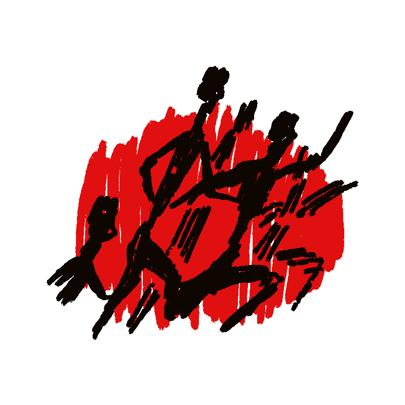 Illustration of black stick figures walking with arms up and a red background