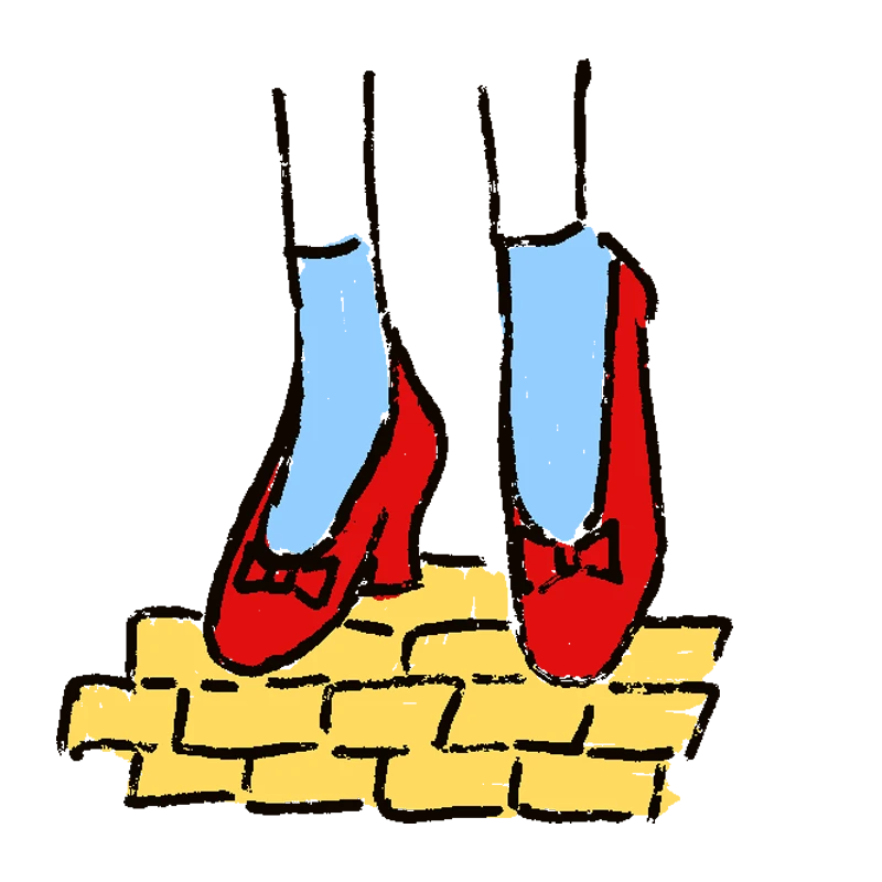 Illustration of "Wizard of Oz" feet wearing blue socks and red slippers on a yellow brick road